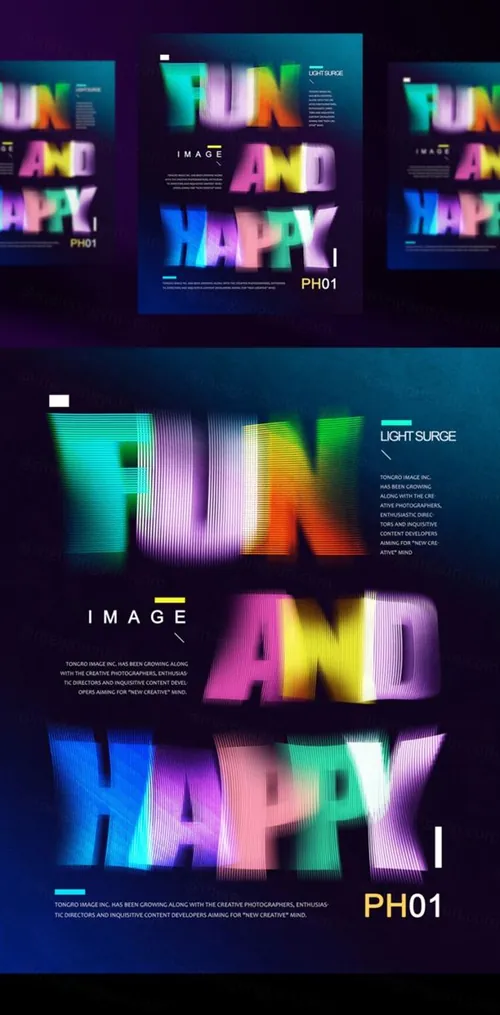 高端荧光炫彩信号错乱丢失抽象全息渐变光效概念海报PSD模板 Light Surge