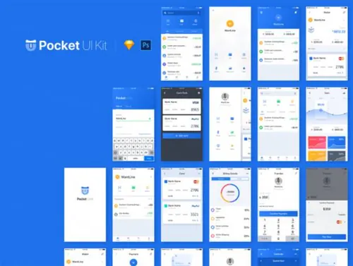 蓝色时尚金融财富科技银行支付移动手机应用程序APP UI工具包Pocket UI