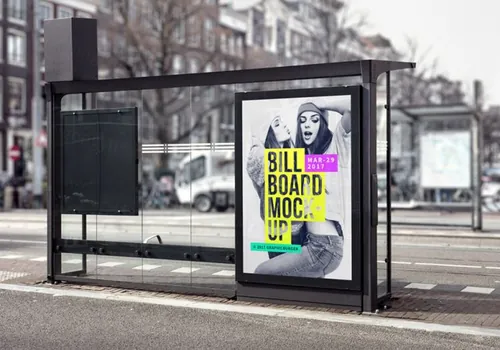 公交车广告牌模型PSD贴图模板Bus Stop Billboard MockUp
