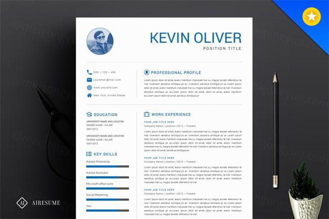 单页现代简历模板 One Page Modern Resume Template