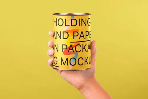 手持锡纸罐头包装设计提案场景展示样机模板 Hand Hold