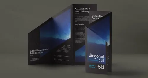 异性斜切折页小册子模型PSD贴图模板Diagonal Psd Tri Fold Mockup US A4
