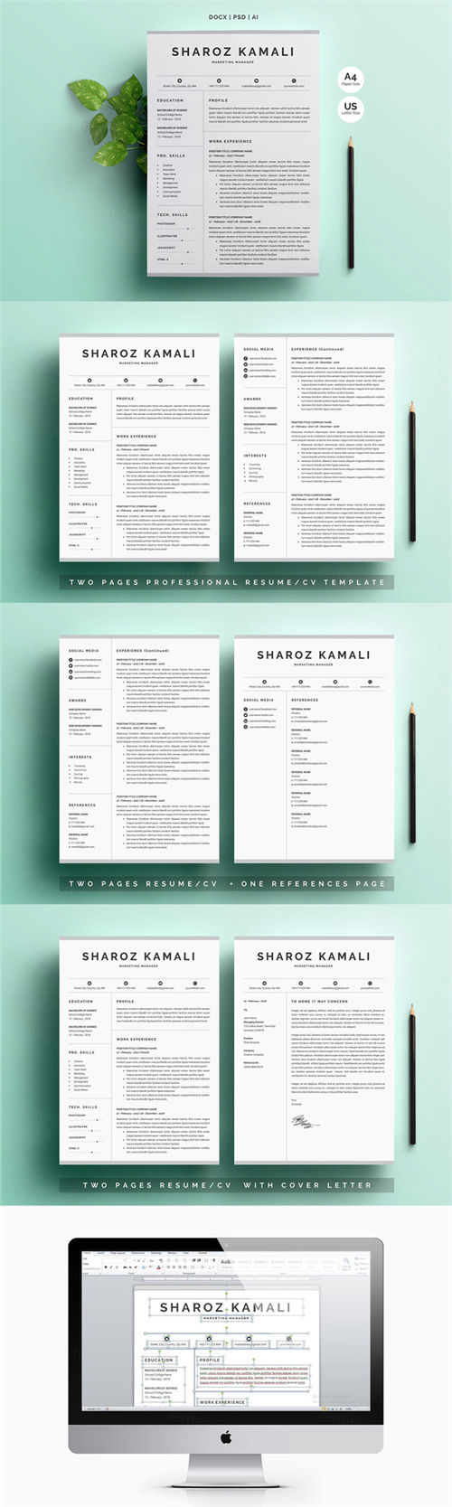 清新实用的设计简历模板 Word Resume Cover Letter