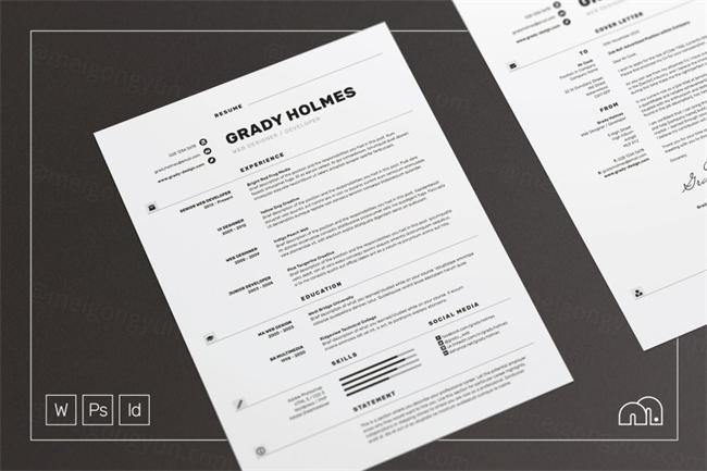 黑白文字简历模板 Grady – Resume CV
