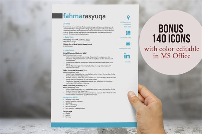 简约的Word简历模板 Aqua 3 in 1 resume for MS Word