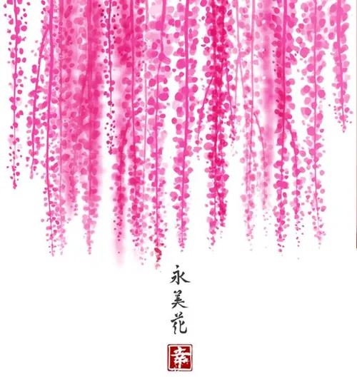 传统东方水墨画苏美花粉色紫藤手画插图背景矢量设计素材Bunches of flowers