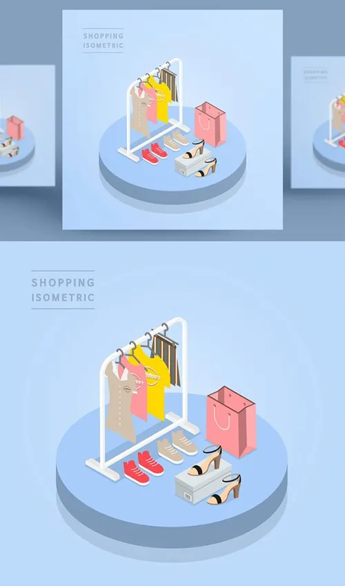 创意时尚彩色购物打折促销商场逛街卡通2.5D场景等距插图矢量设计素材模板9101