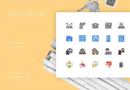 200个房地产房屋建筑施工填充轮廓矢量图标集Real Estate