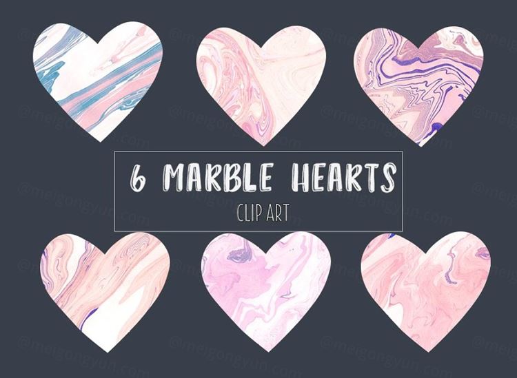 大理石纹理爱心形状设计素材Marble hearts clipart in pink