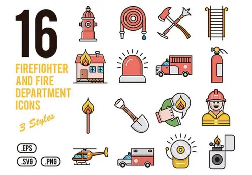 16个消防员和消防部门矢量图标集Firefighter Icons