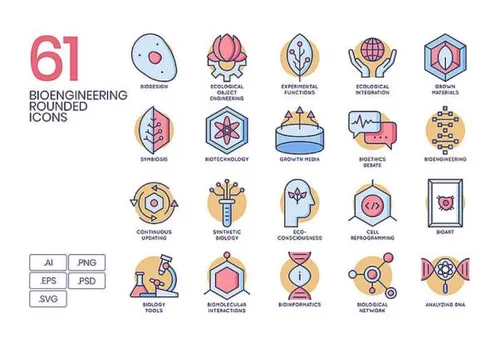 生物工程克隆纳米技术基因工程矢量圆形图标集Bioengineering Roun