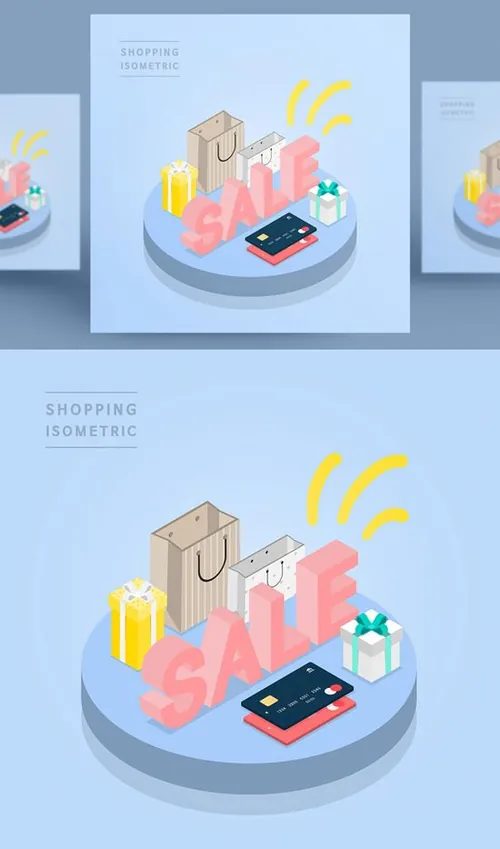 创意时尚彩色购物打折促销商场逛街卡通等距插图矢量设计素材9103