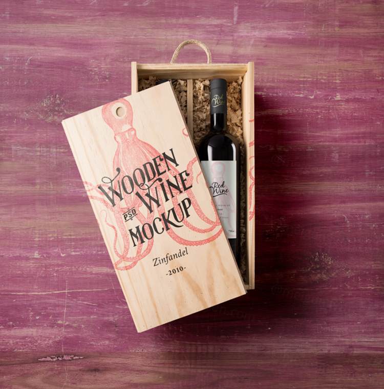 带盖和酒瓶的psd酒木盒子样机 Psd Wine Wood Box Mockup Vol2