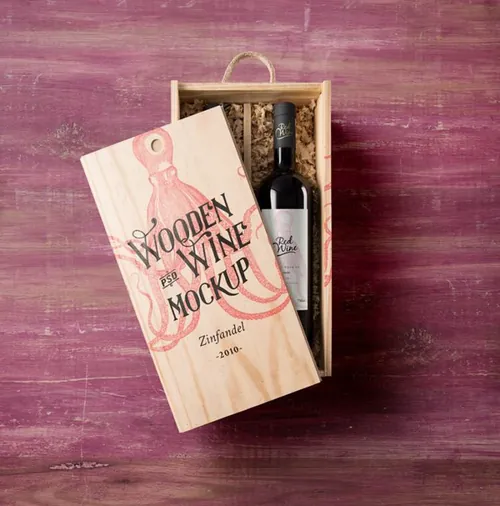 带盖和酒瓶的psd酒木盒子样机 Psd Wine Wood Box Mockup Vol2