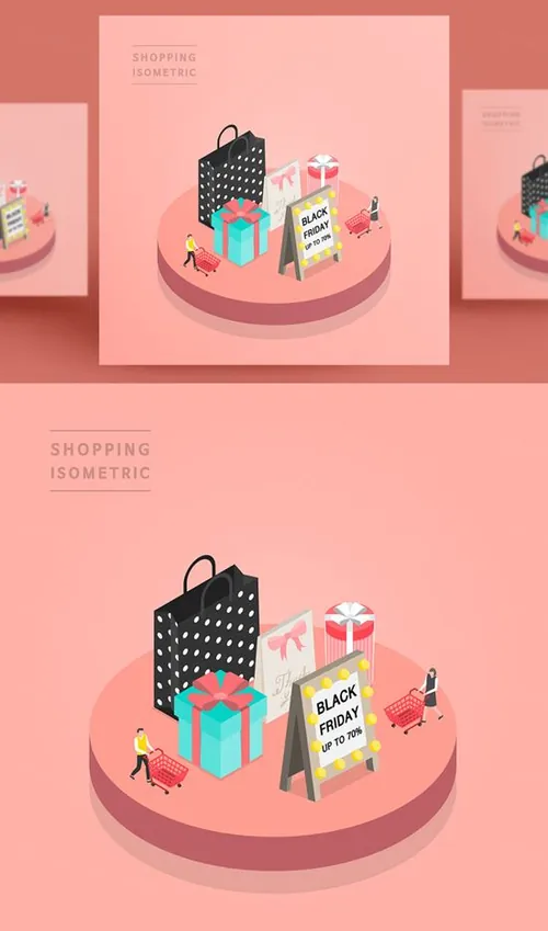 创意时尚彩色购物打折促销商场逛街卡通等距插图矢量设计素材9105