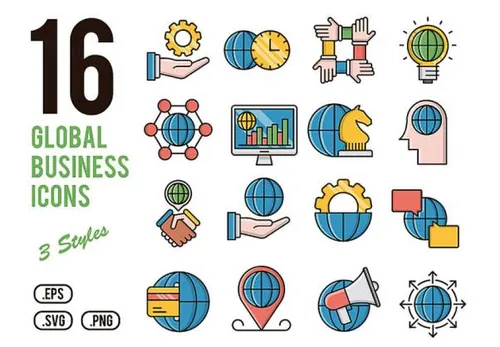 16个全球商业金融业务矢量图标集Global Business Icons