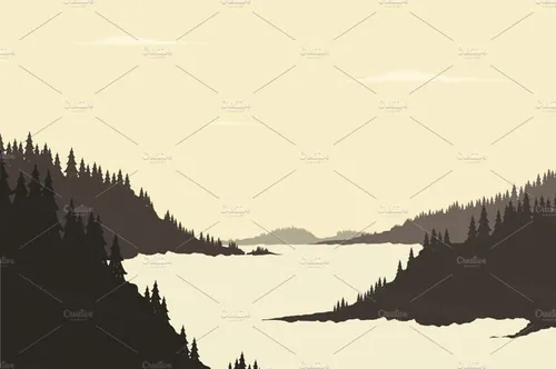 山区河流和森林矢量插图River mountain