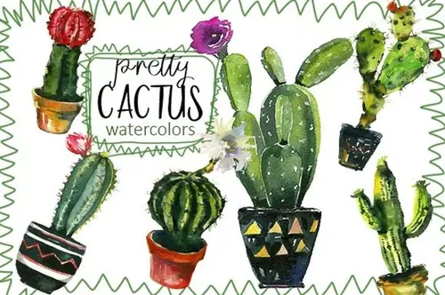 仙人掌水彩剪贴画 Pretty Cactus Waterco