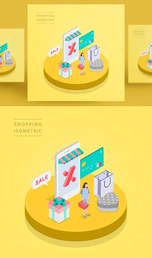 创意时尚彩色购物打折促销商场逛街卡通等距插图矢量设计素材9108