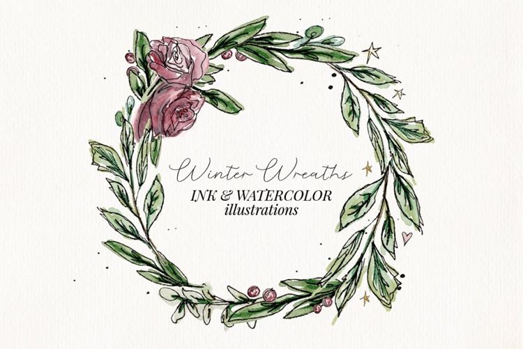 水彩手绘冬季花卉植物花环圣诞婚礼装饰元素 Ink  Wate