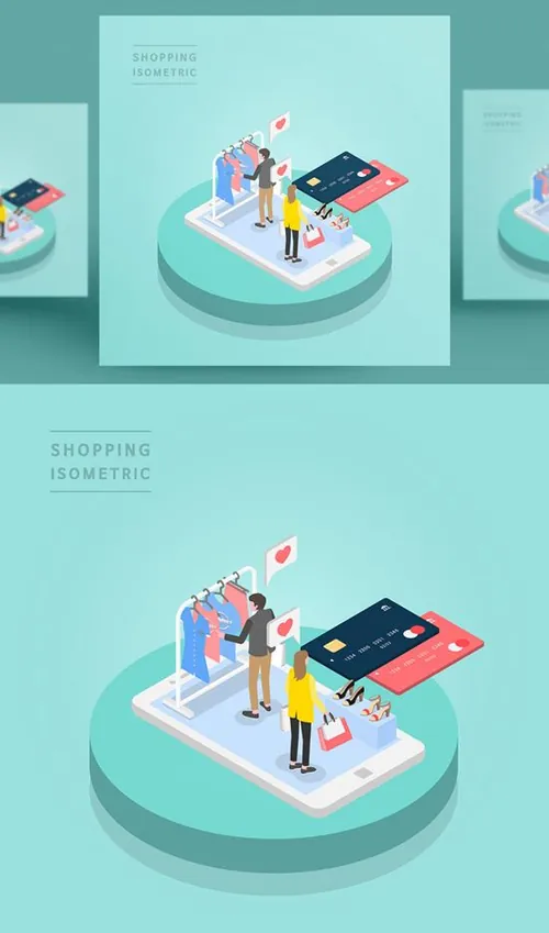 创意时尚彩色购物打折促销商场逛街卡通等距插图矢量设计素材9109