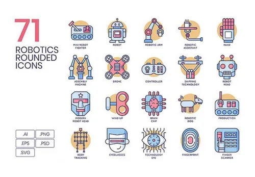 机器人工程游戏人工智能等圆形彩色矢量图标集Robotics Rounded Ic