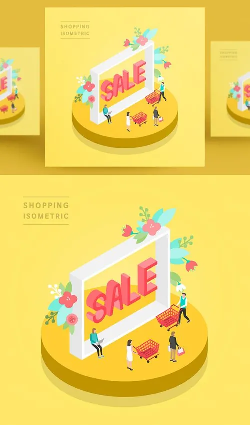 创意时尚彩色购物打折促销商场逛街卡通等距插图矢量设计素材91012