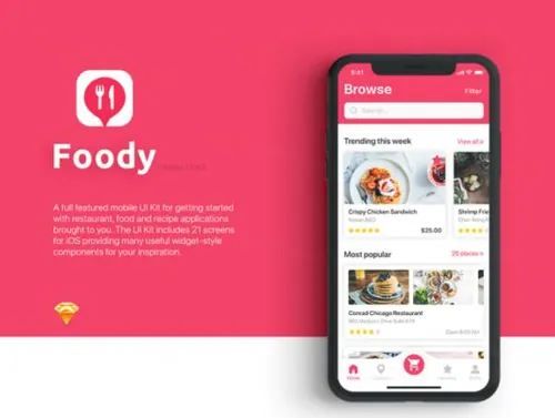 餐饮美食餐厅食品订购交付外卖订单服务移动APP UI工具包Foody UI Ki