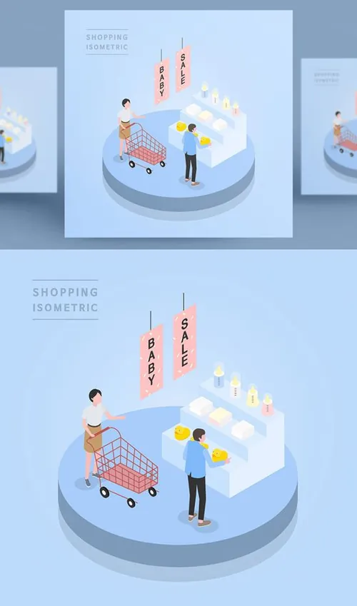 创意时尚彩色购物打折促销商场逛街卡通等距插图矢量设计素材91015