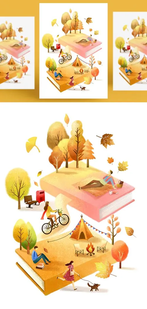 创意卡通手绘书籍阅读2.5D郊游玩耍场景插图背景PSD设计素材91201