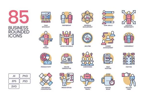 85个商业求职面试战略市场预测投资矢量扁平圆形图标集Business Round