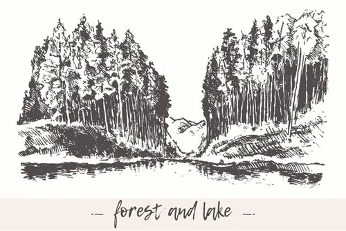 手绘户外森林景色矢量插图Landscape with forest and lake