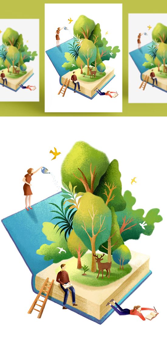 创意卡通手绘书籍阅读2.5D郊游玩耍场景插图背景PSD设计素材91202