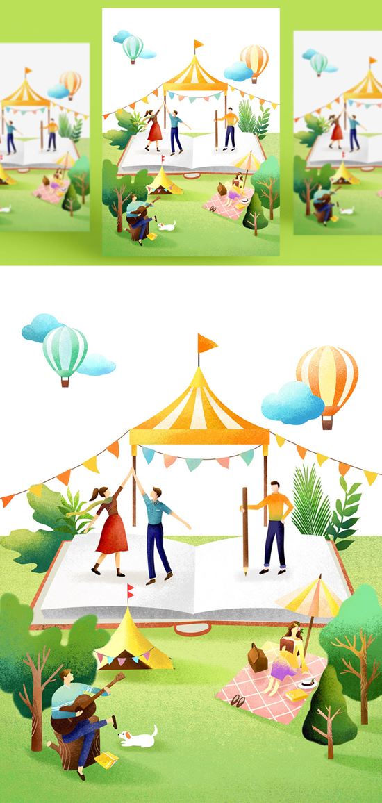创意卡通手绘书籍阅读2.5D郊游玩耍场景插图背景PSD设计素材91203