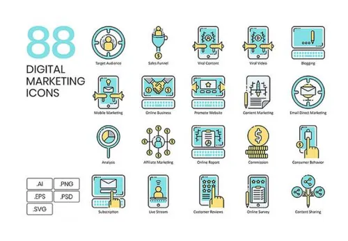 88个数字营销广告推广SEO优化彩色矢量图标集Digital Marketing