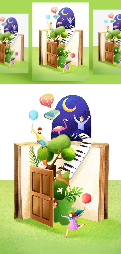 创意卡通手绘书籍阅读2.5D郊游玩耍场景插图背景PSD设计素材91204