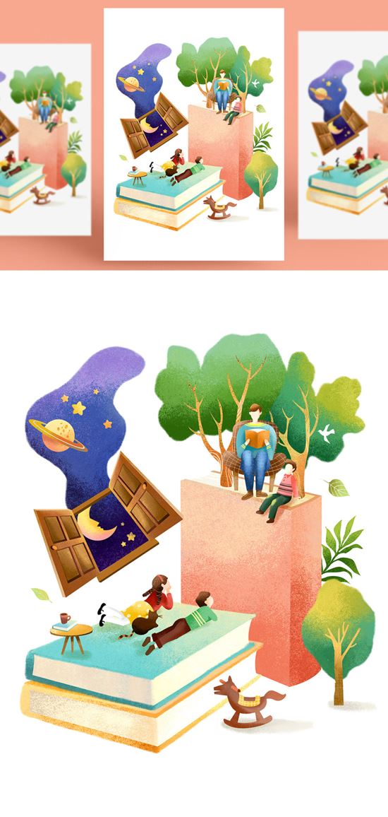 创意卡通手绘书籍阅读2.5D郊游玩耍场景插图背景PSD设计素材91205