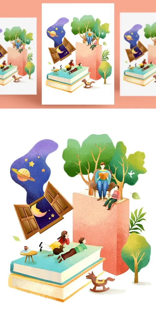 创意卡通手绘书籍阅读2.5D郊游玩耍场景插图背景PSD设计素材91205