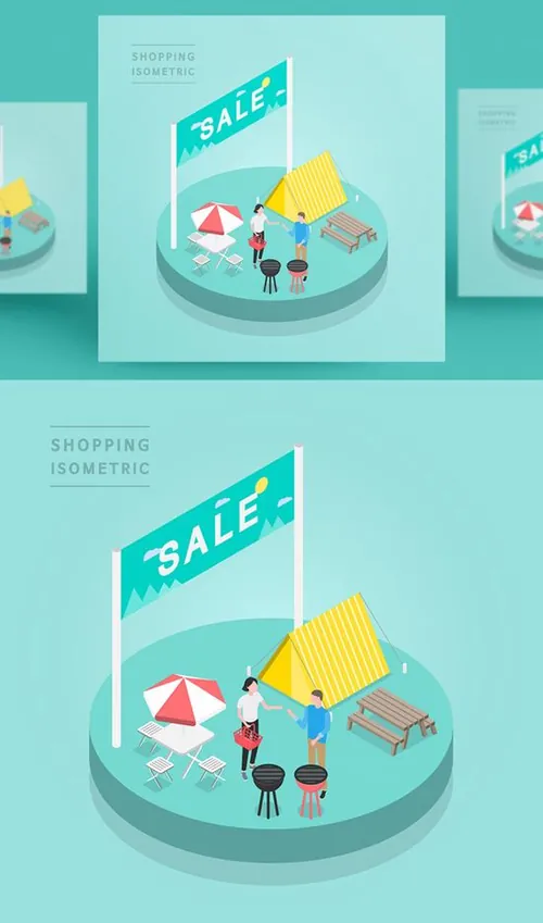 创意时尚彩色购物打折促销商场逛街2.5D场景卡通等距插图矢量设计素材91101