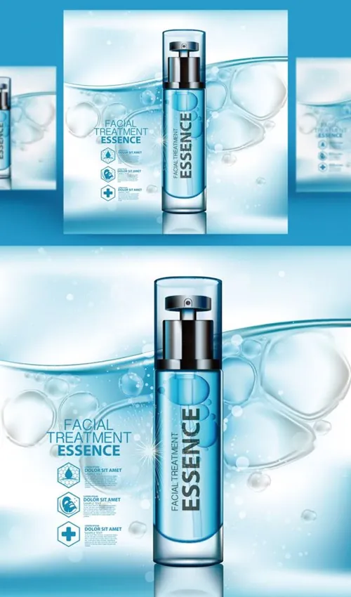 蓝色化妆护肤品精华保湿补水海报矢量设计素材Cosmetics Poster