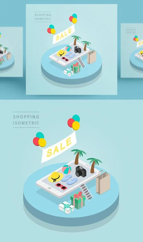 创意时尚彩色购物打折促销商场逛街2.5D场景卡通等距插图矢量设计素材91102