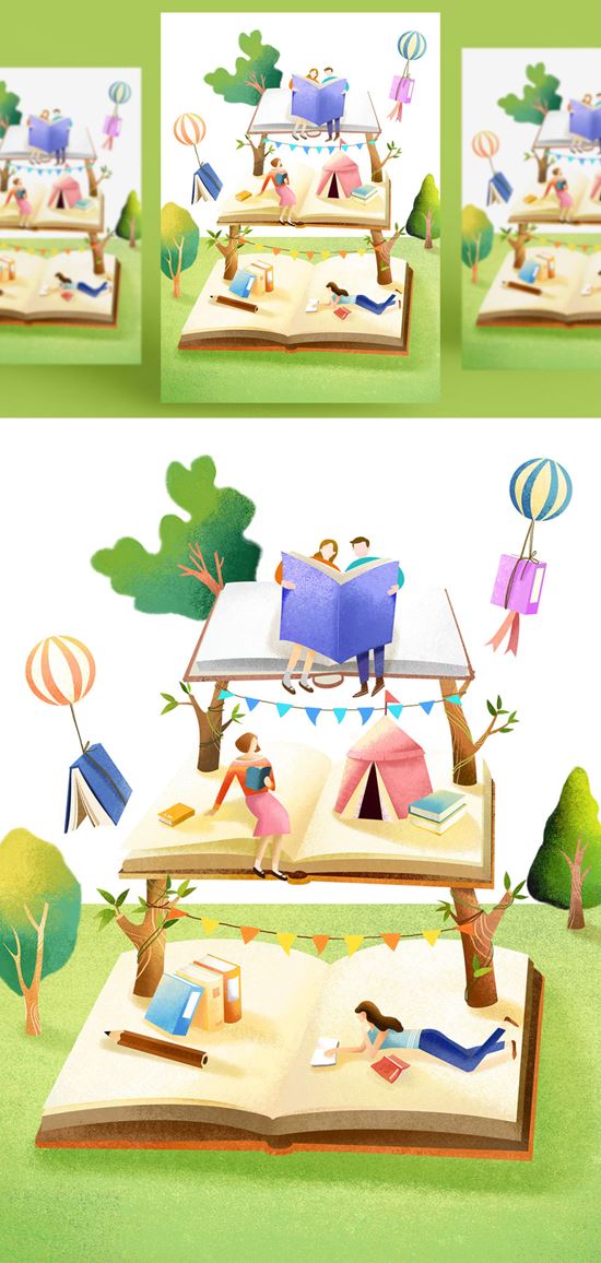 创意卡通手绘书籍阅读2.5D郊游玩耍场景插图背景PSD设计素材91206