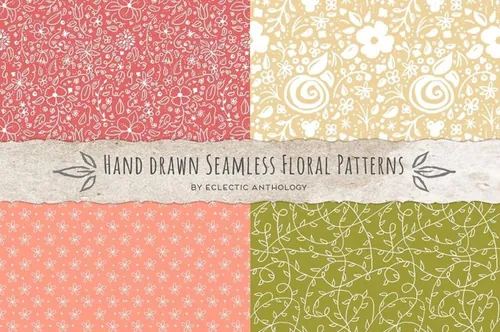 手绘花卉图案无缝背景Hand Drawn Seamless Floral Patterns