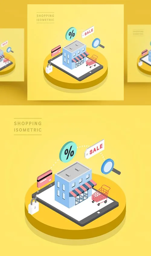 创意时尚彩色购物打折促销商场逛街2.5D场景卡通等距插图矢量设计素材91103