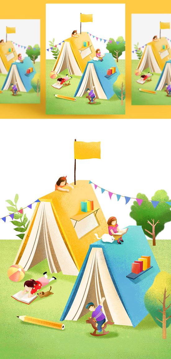 创意卡通手绘书籍阅读2.5D郊游玩耍场景插图背景PSD设计素材91207
