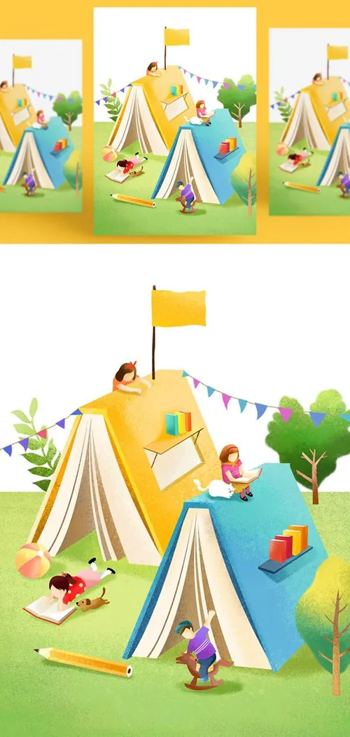 创意卡通手绘书籍阅读2.5D郊游玩耍场景插图背景PSD设计素材91207