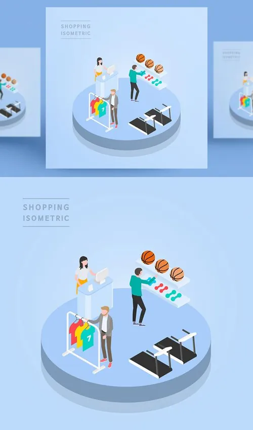 创意时尚彩色购物打折促销商场逛街2.5D场景卡通等距插图矢量设计素材91104