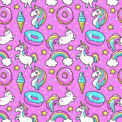 卡通漫画风格独角兽甜甜圈彩虹无缝图案矢量背景设计素材Vector background