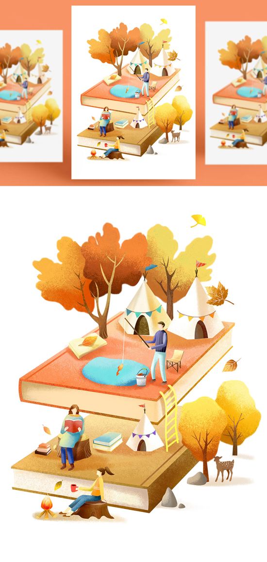 创意卡通手绘书籍阅读2.5D郊游玩耍场景插图背景PSD设计素材91208