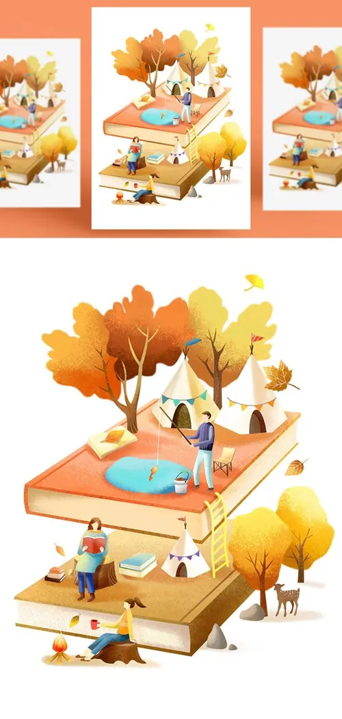 创意卡通手绘书籍阅读2.5D郊游玩耍场景插图背景PSD设计素材91208